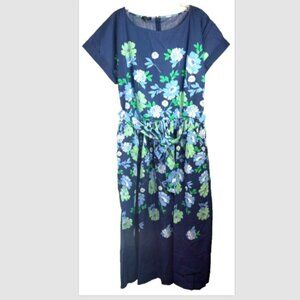 TALBOTS FLORAL GARDEN SCENE FIT & FLARE DRESS WOMENS 12 BELTED BLUE GREEN PEONY